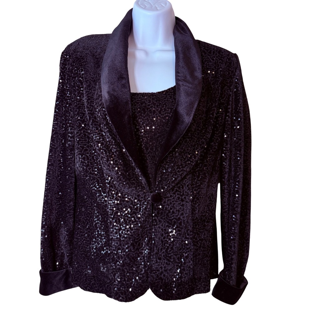 Alex Evenings 2 Pc Sequin Jacket Tank Set Black Formal Evening Size S Cocktail